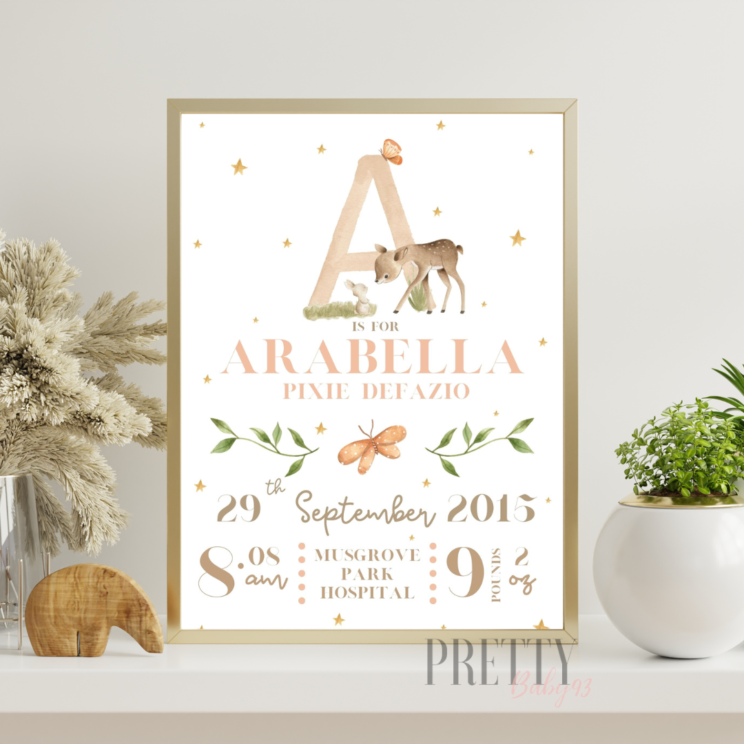 Personalised Child details Print. Name, DOB and weight. ie A is for Arabella