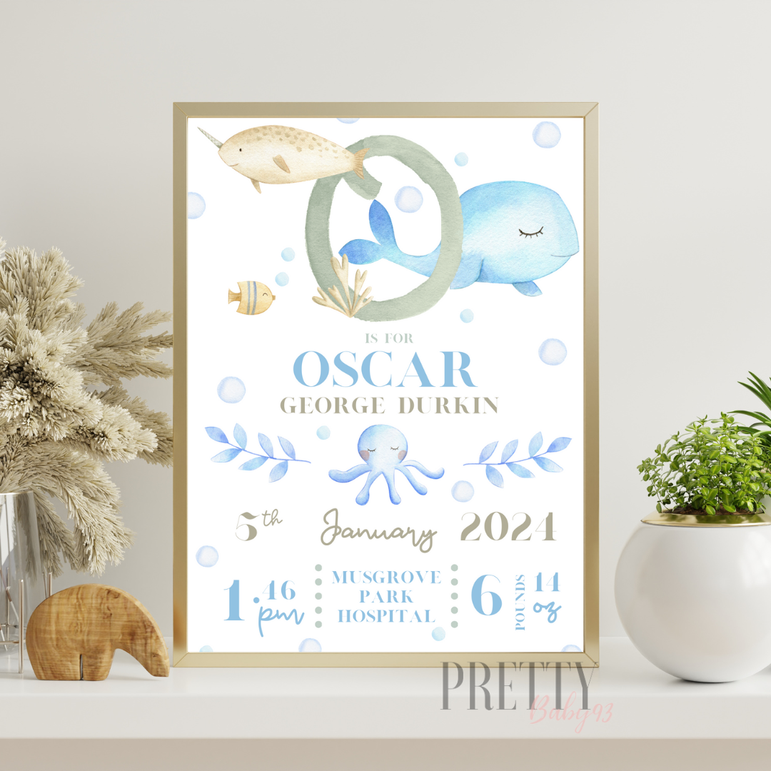 Personalised Child details Print. Name, DOB and weight. ie A is for Arabella