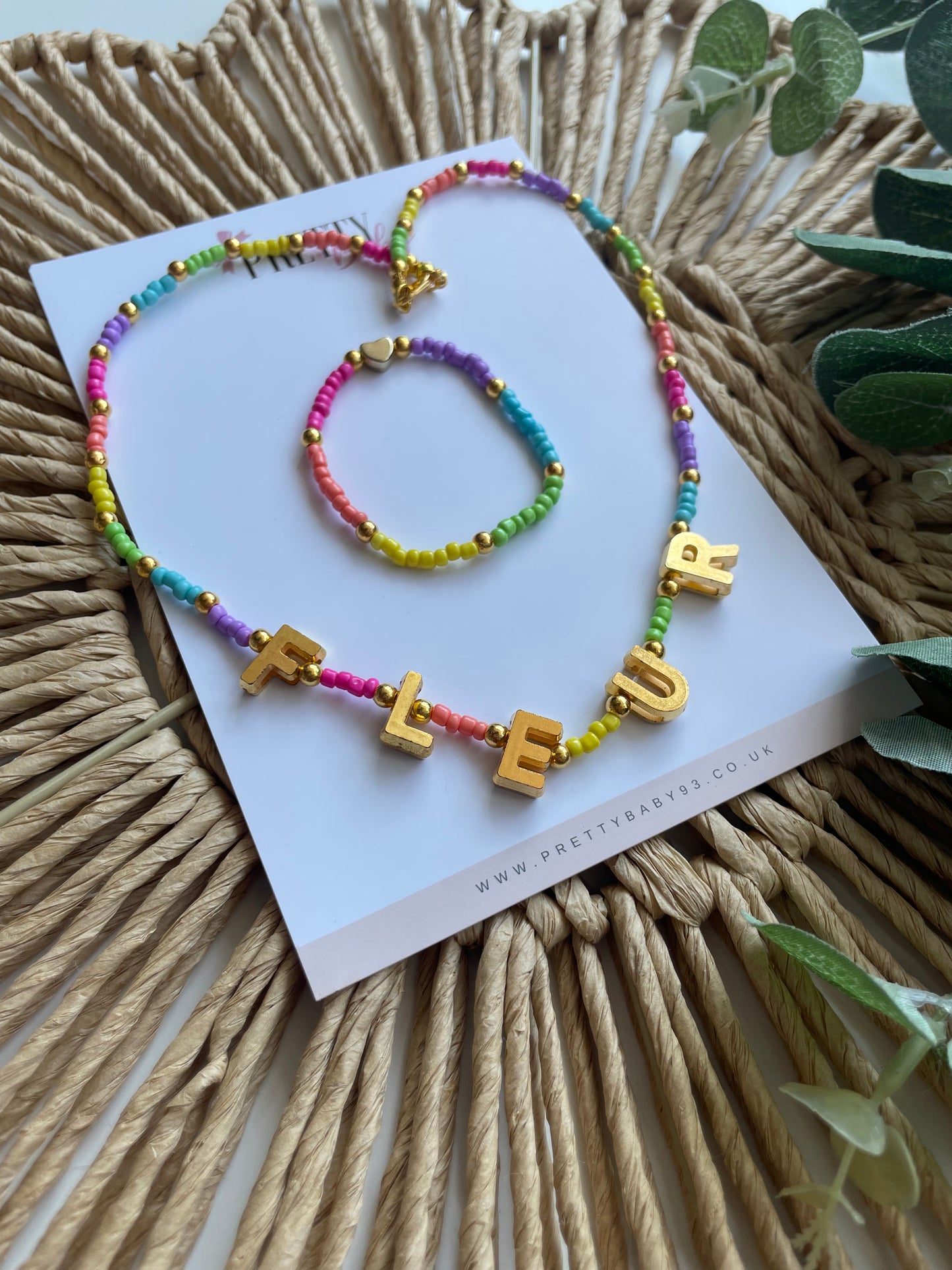 Rainbow seed bead, personalised gold charm necklace