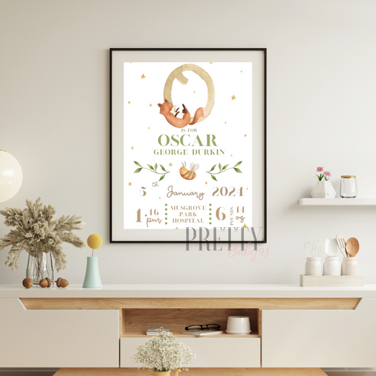 Personalised Child details Print. Name, DOB and weight. ie A is for Arabella