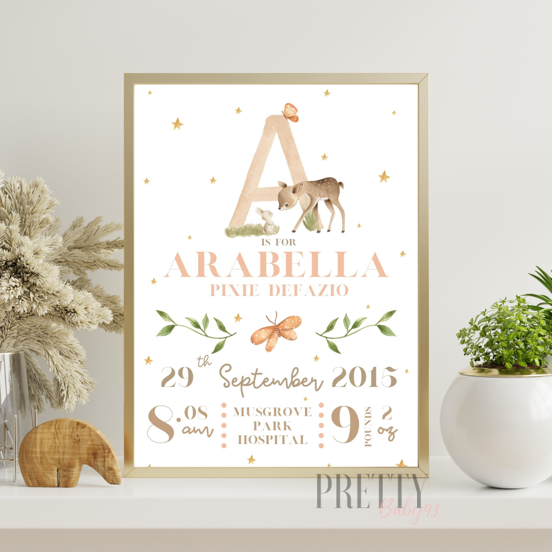 Personalised Baby Keepsake Print. Name, DOB and weight. ie A is for Arabella (Download and print at home)