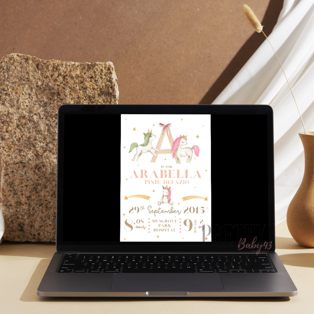 Personalised Baby Keepsake Print. Name, DOB and weight. ie A is for Arabella (Download and print at home)